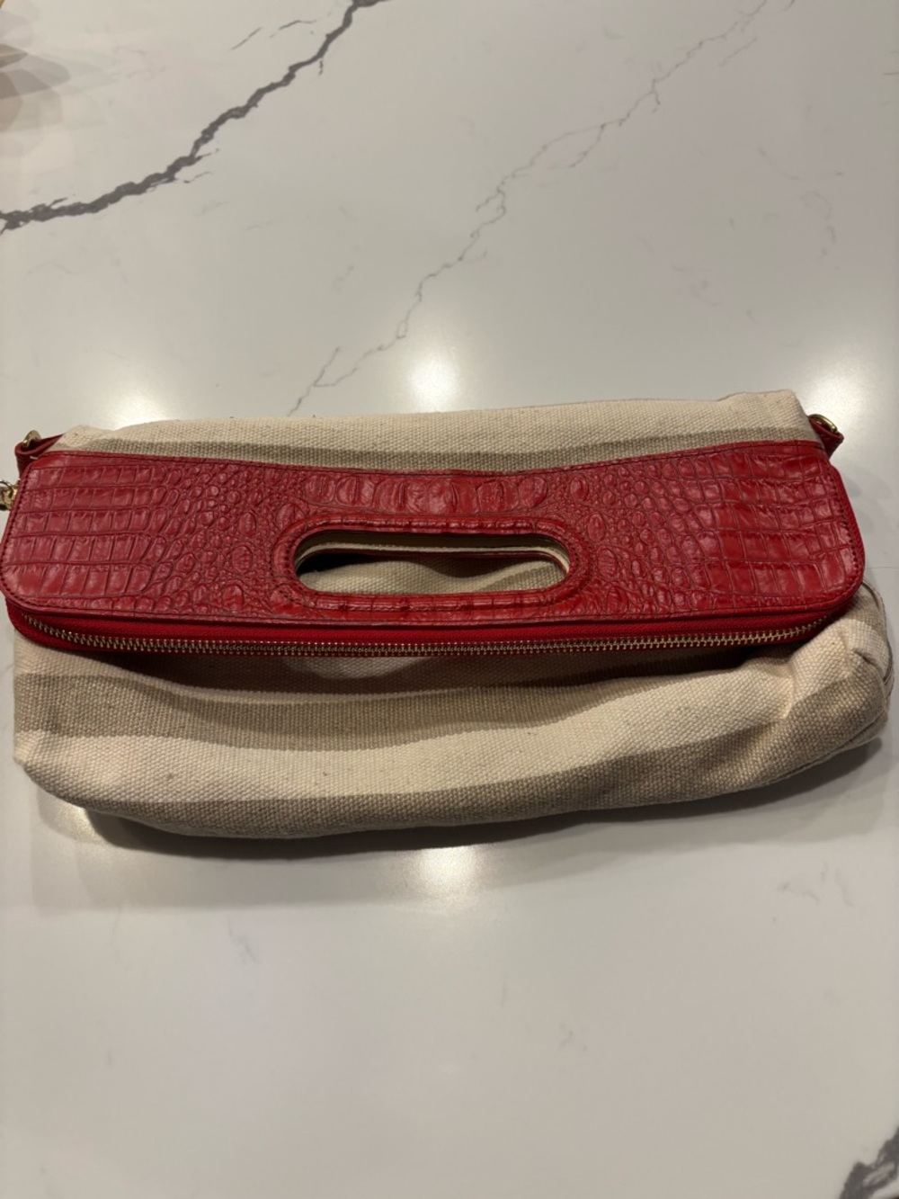 Brahmin Red and Tan Striped Foldover Clutch Handbag